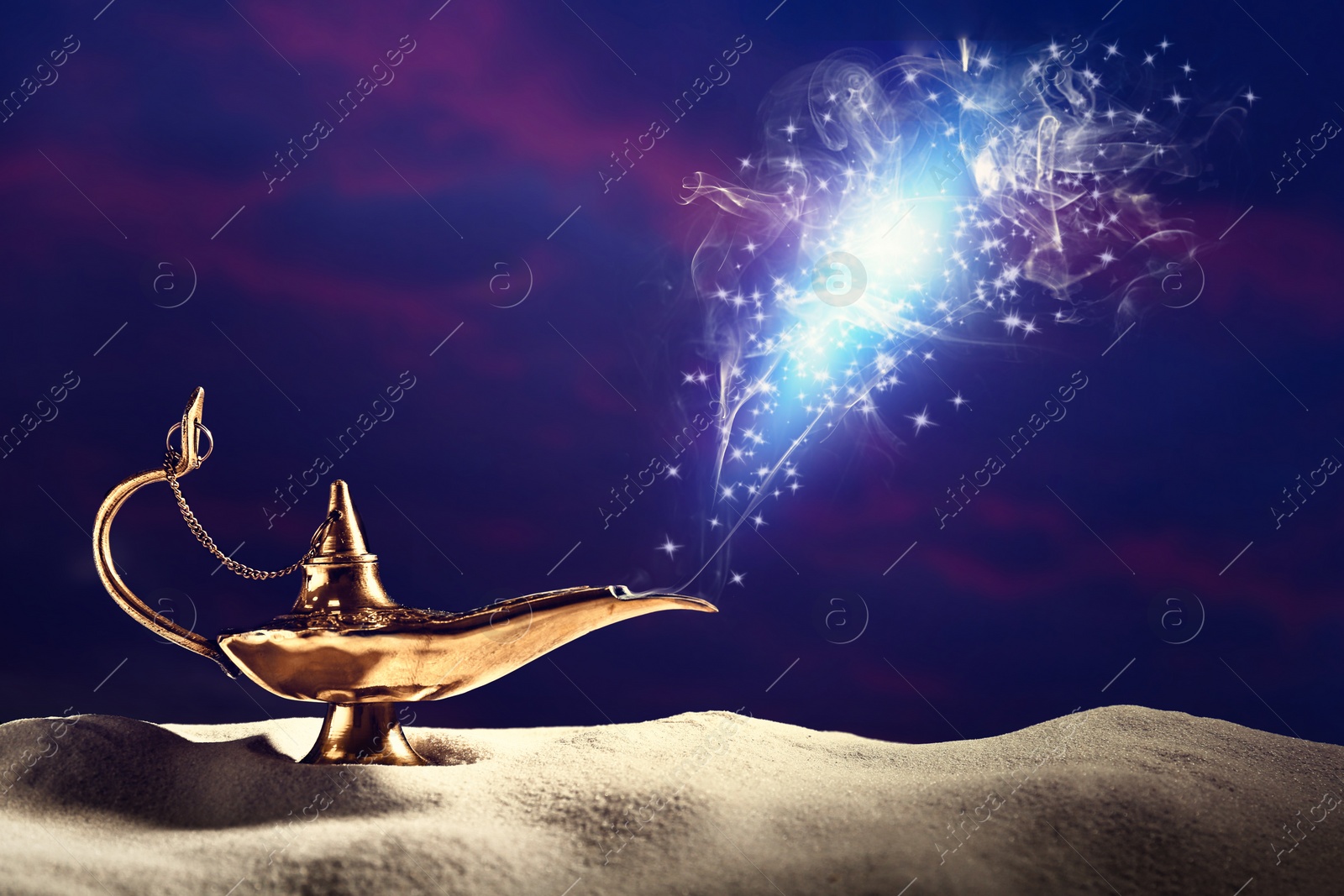 Image of Genie appearing from magic lamp of wishes. Fairy tale 