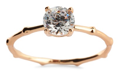 Photo of Beautiful engagement ring with gemstone isolated on white