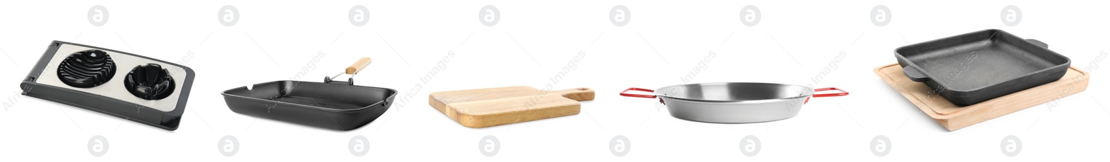 Image of Set with different cooking utensils on white background, banner design 