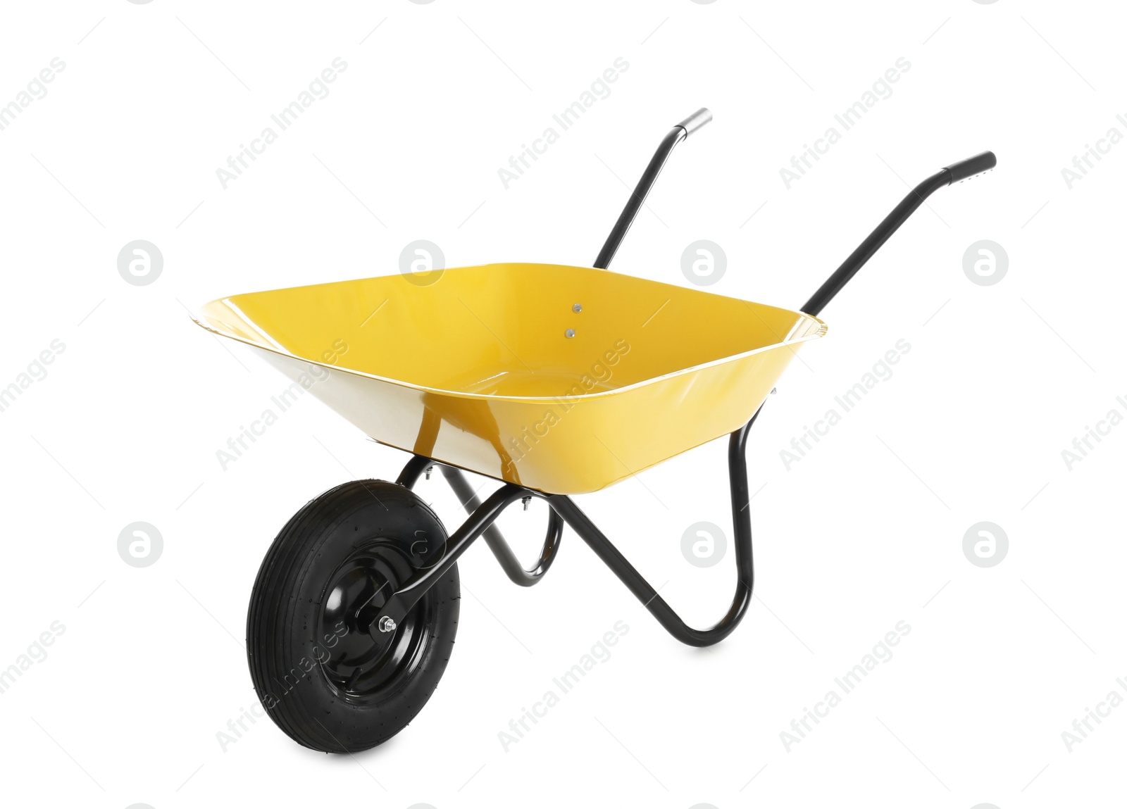 Photo of Color wheelbarrow isolated on white. Gardening tool