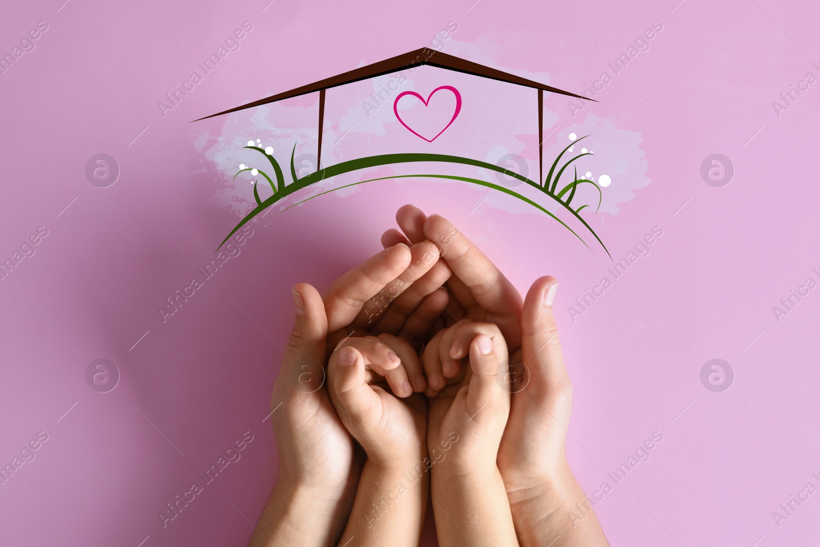 Image of Mother holding hands with child and illustration of house on pink background, top view. Adoption concept
