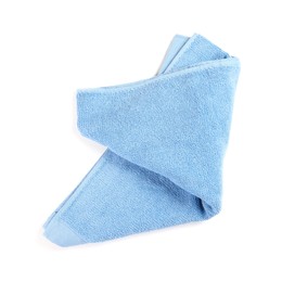 Photo of Light blue soft terry towel isolated on white, top view