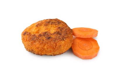 Tasty vegan cutlet with slices of carrot isolated on white