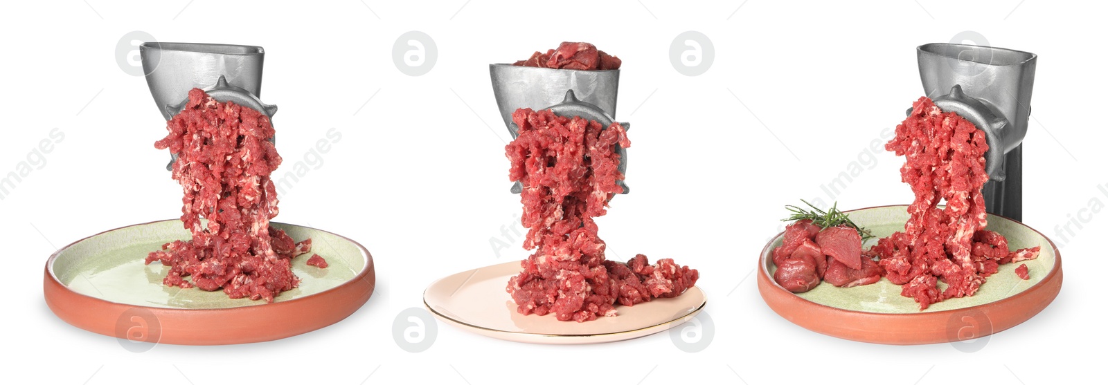 Image of Mincing beef with manual meat grinder on white background, set