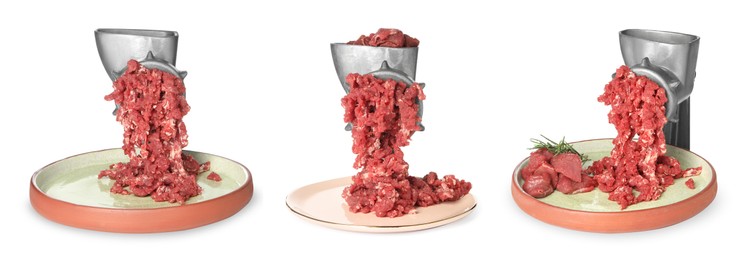 Image of Mincing beef with manual meat grinder on white background, set