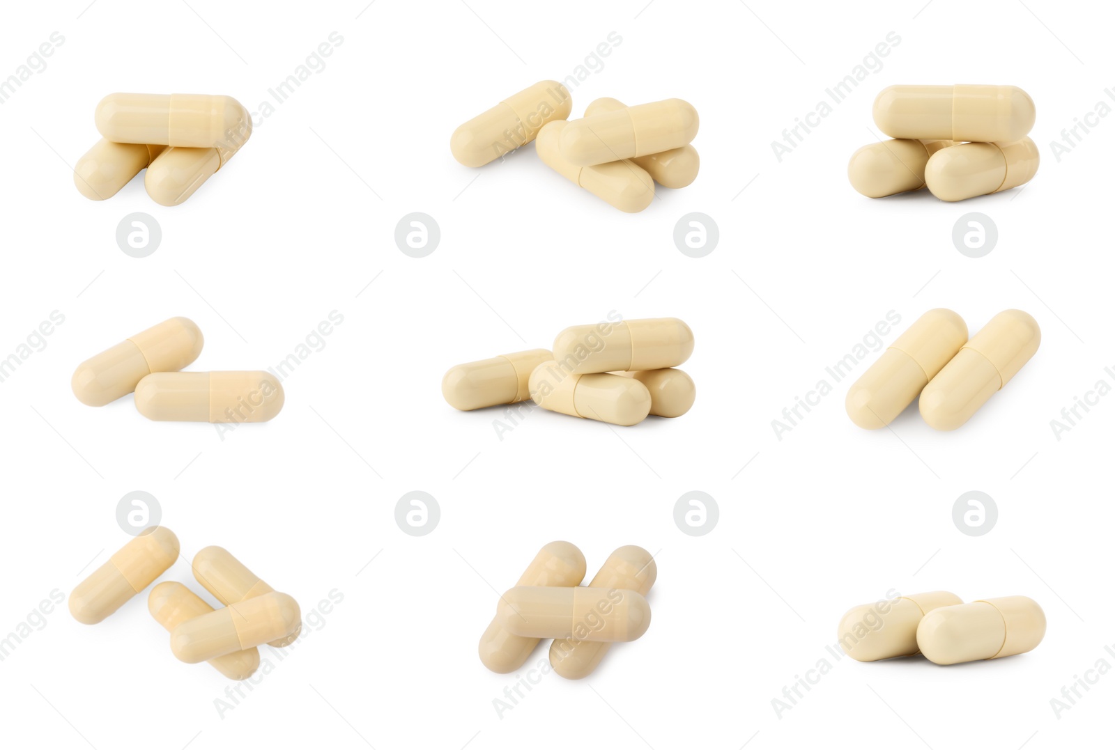 Image of Collage of vitamin pills isolated on white