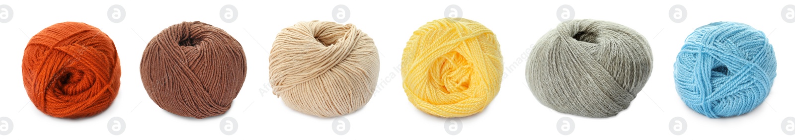 Image of Collage with balls of colorful yarns on white background