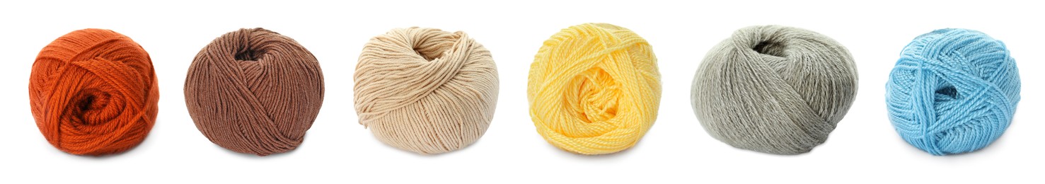 Image of Collage with balls of colorful yarns on white background