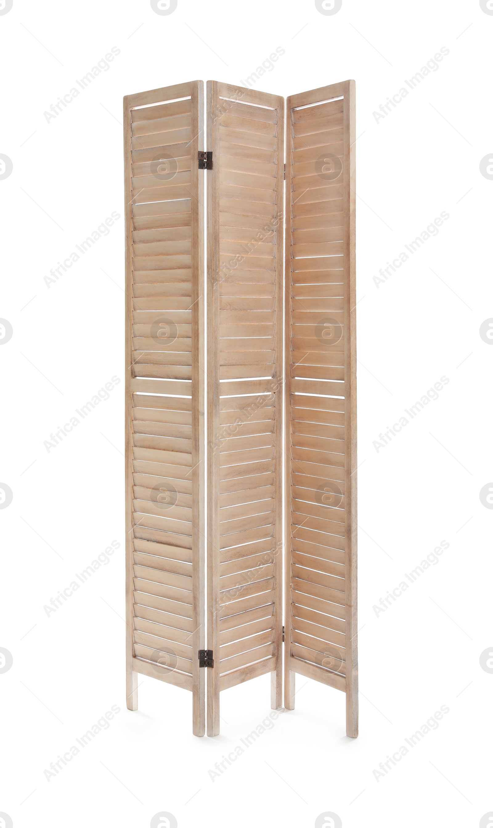 Photo of Wooden folding screen isolated on white. Interior element