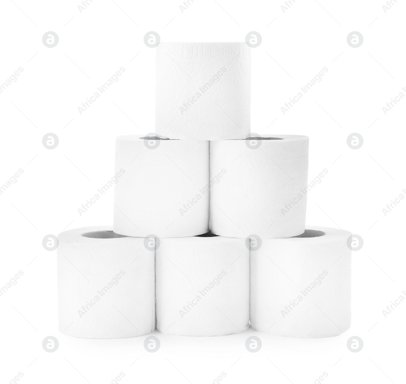 Photo of Pyramid of toilet paper rolls isolated on white