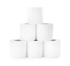 Pyramid of toilet paper rolls isolated on white