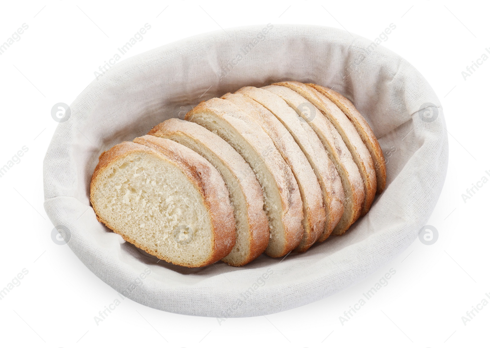 Photo of Cut fresh bread in basket isolated on white