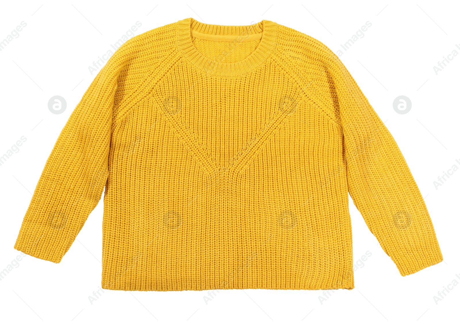 Photo of Cozy warm sweater on white background, top view