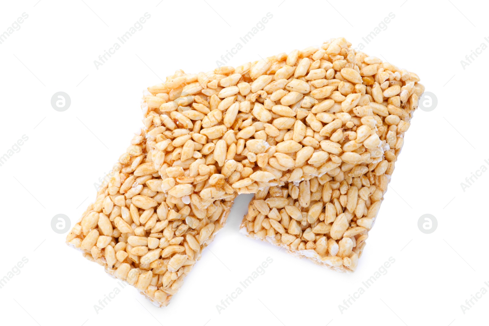 Photo of Delicious rice crispy treats isolated on white, top view