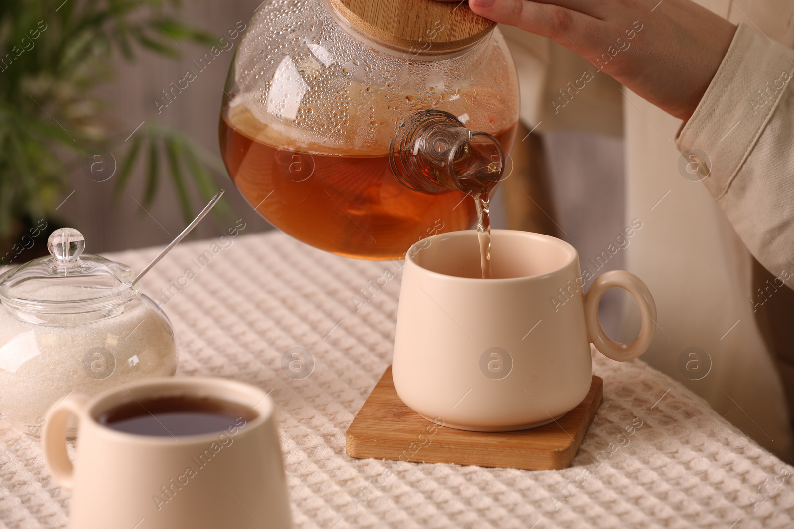 Photo of Woman pouring aromatic tea into cup at table, closeup