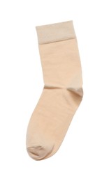 Photo of Beige sock isolated on white, top view