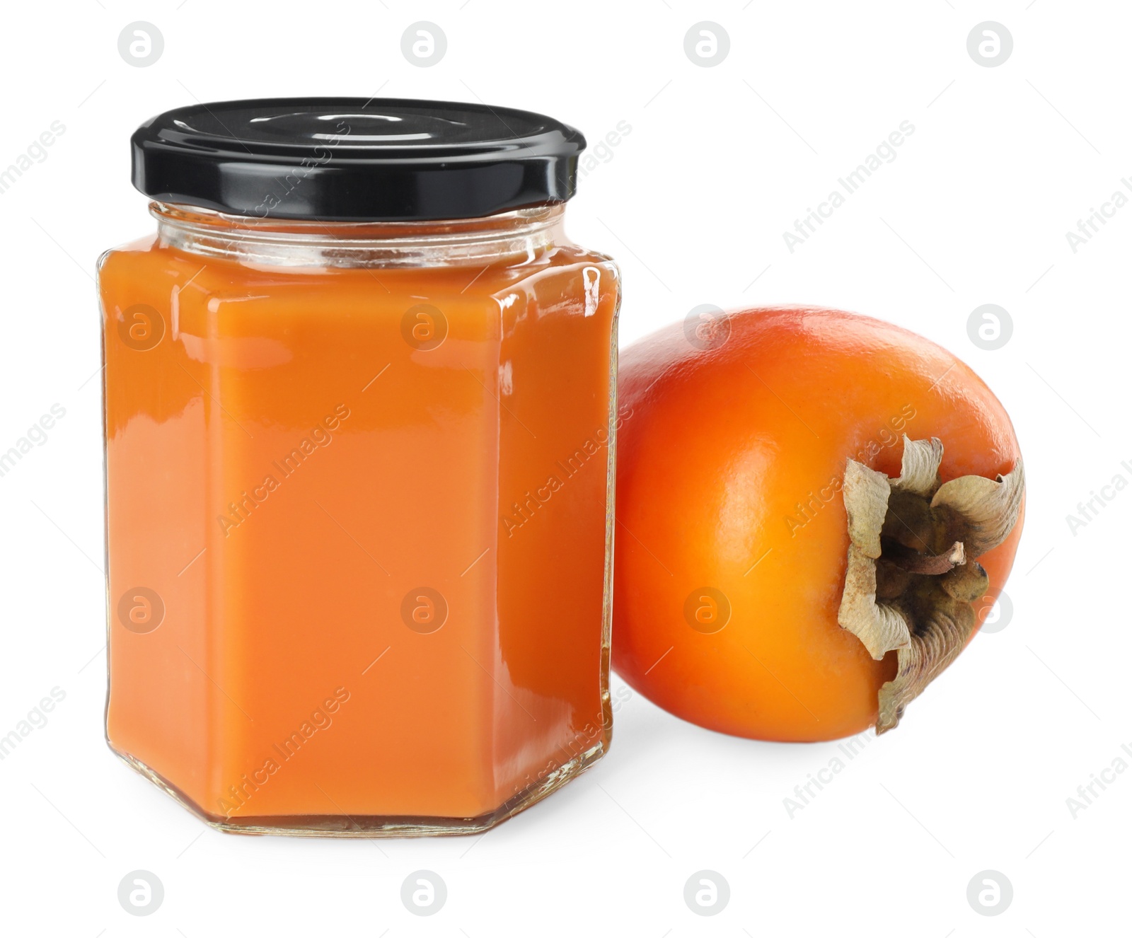 Photo of Delicious persimmon jam and fresh fruit isolated on white