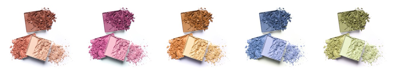 Image of Set of different crushed eye shadows on white background, top view. Bright palette