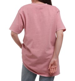 Woman in stylish pink t-shirt on white background, back view