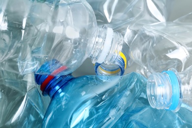 Many plastic bottles as background, closeup. Recycle concept