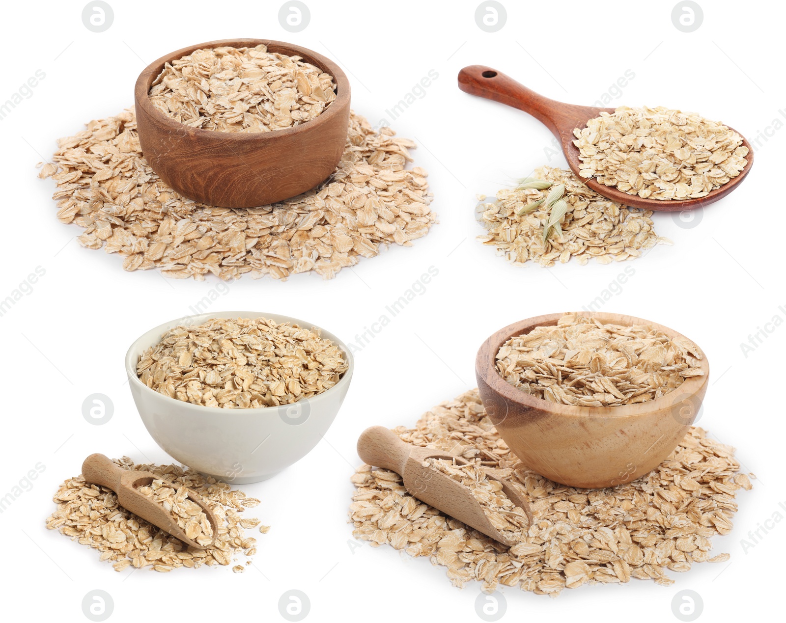 Image of Rolled oats in bowls, scoops and spoon isolated on white, collection