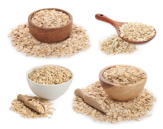 Image of Rolled oats in bowls, scoops and spoon isolated on white, collection