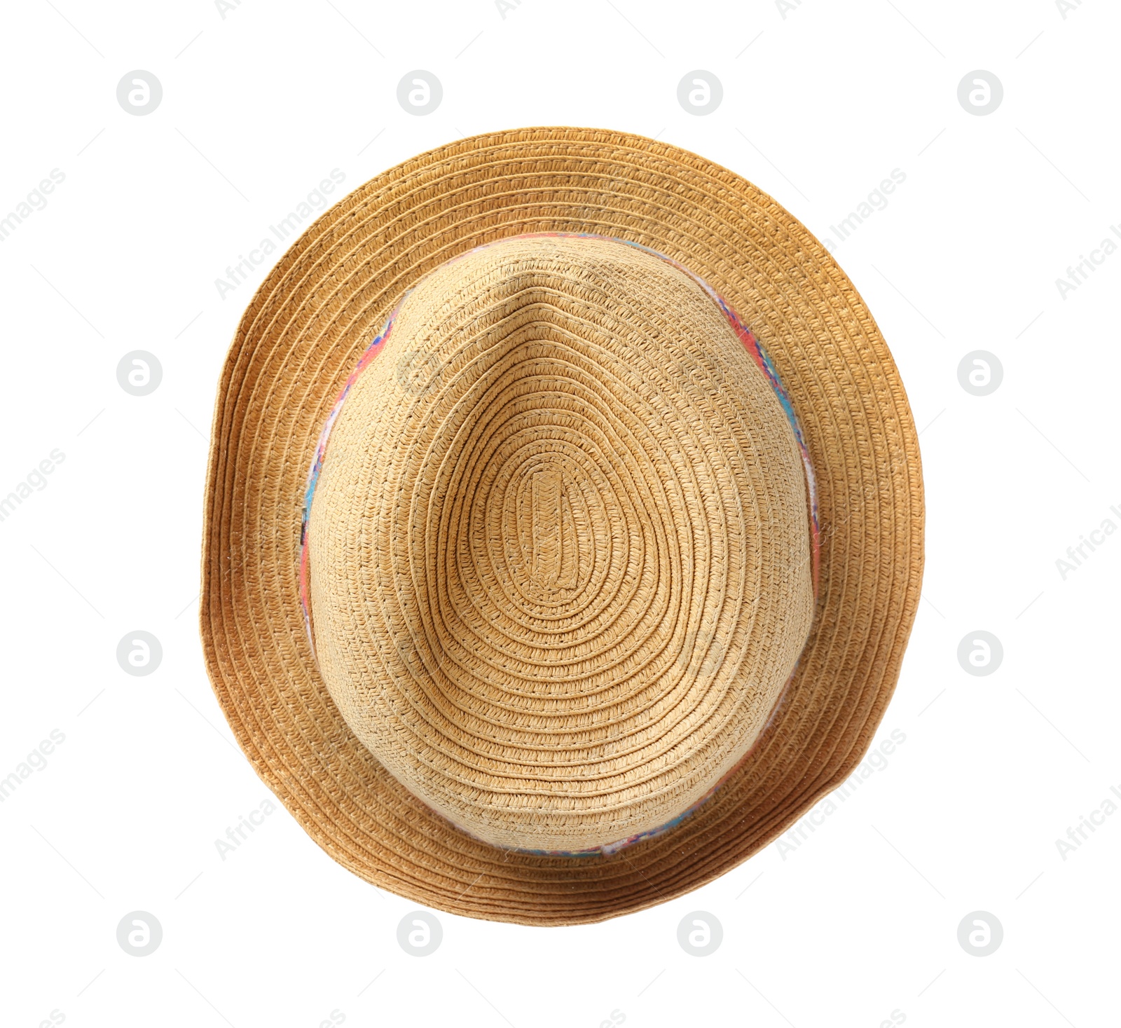 Photo of Stylish hat on white background, top view. Beach accessories