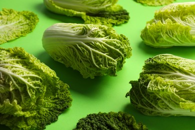 Fresh ripe Chinese cabbages on light green background