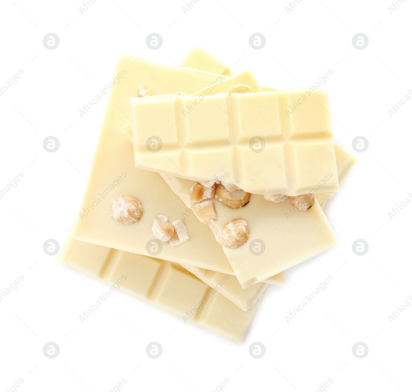 Photo of Delicious chocolate with nuts on white background, top view