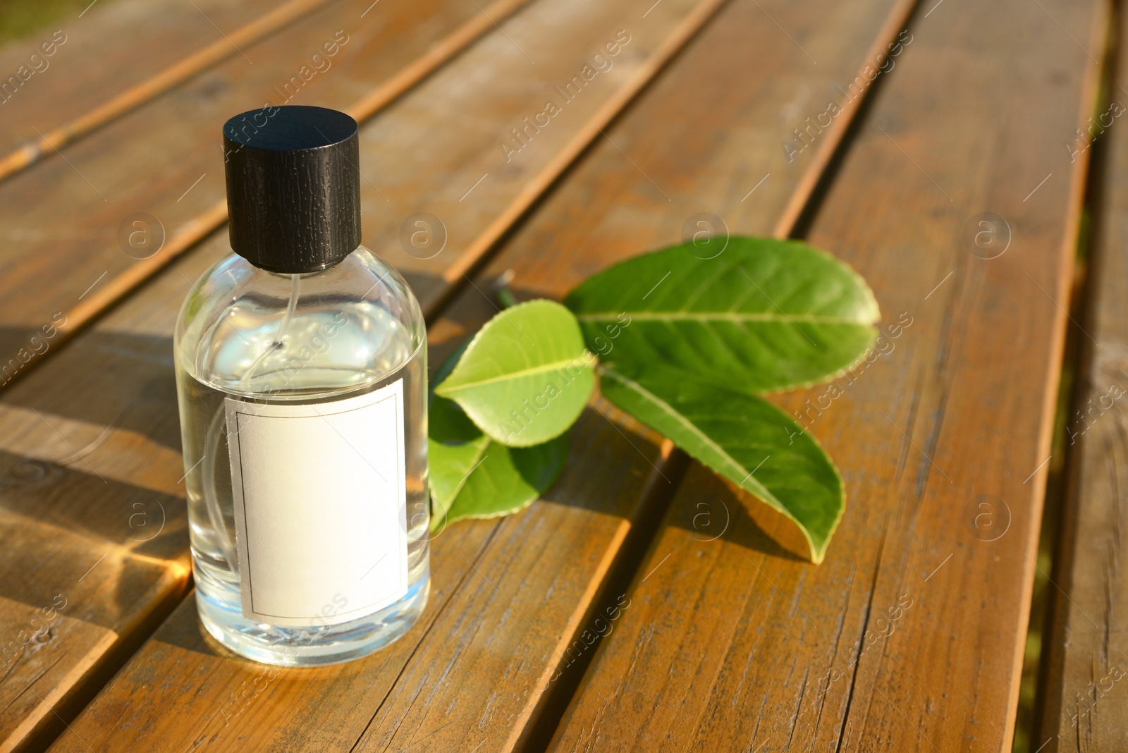 Photo of Bottle of perfume and green leaves on wooden table, space for text