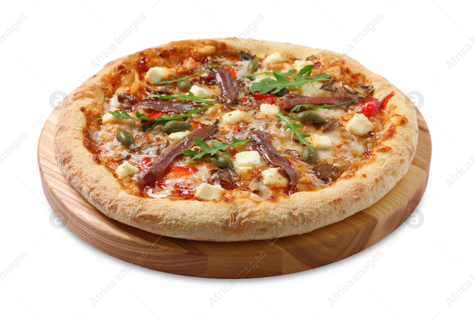 Photo of Tasty pizza with anchovies, arugula and olives isolated on white