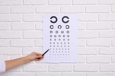 Ophthalmologist pointing at vision test chart on white brick wall, closeup