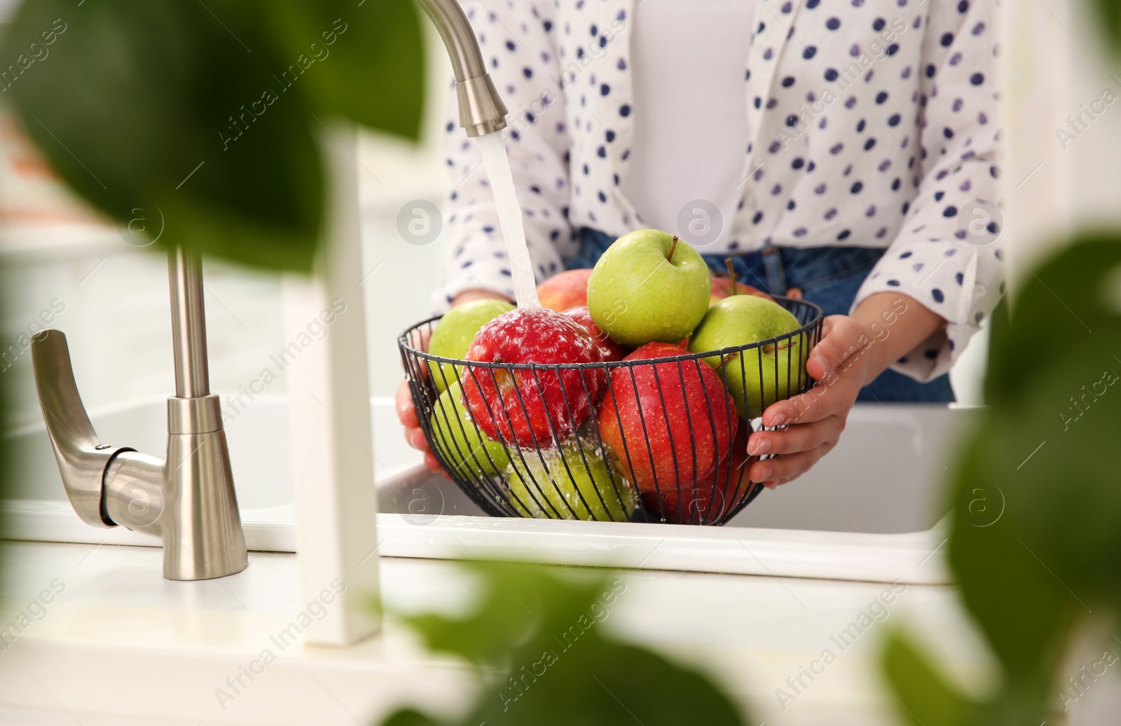 Photo of Woman washing fresh apples in kitchen sink, closeup