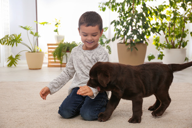 Photo of Little boy playing with puppy at home. Friendly dog