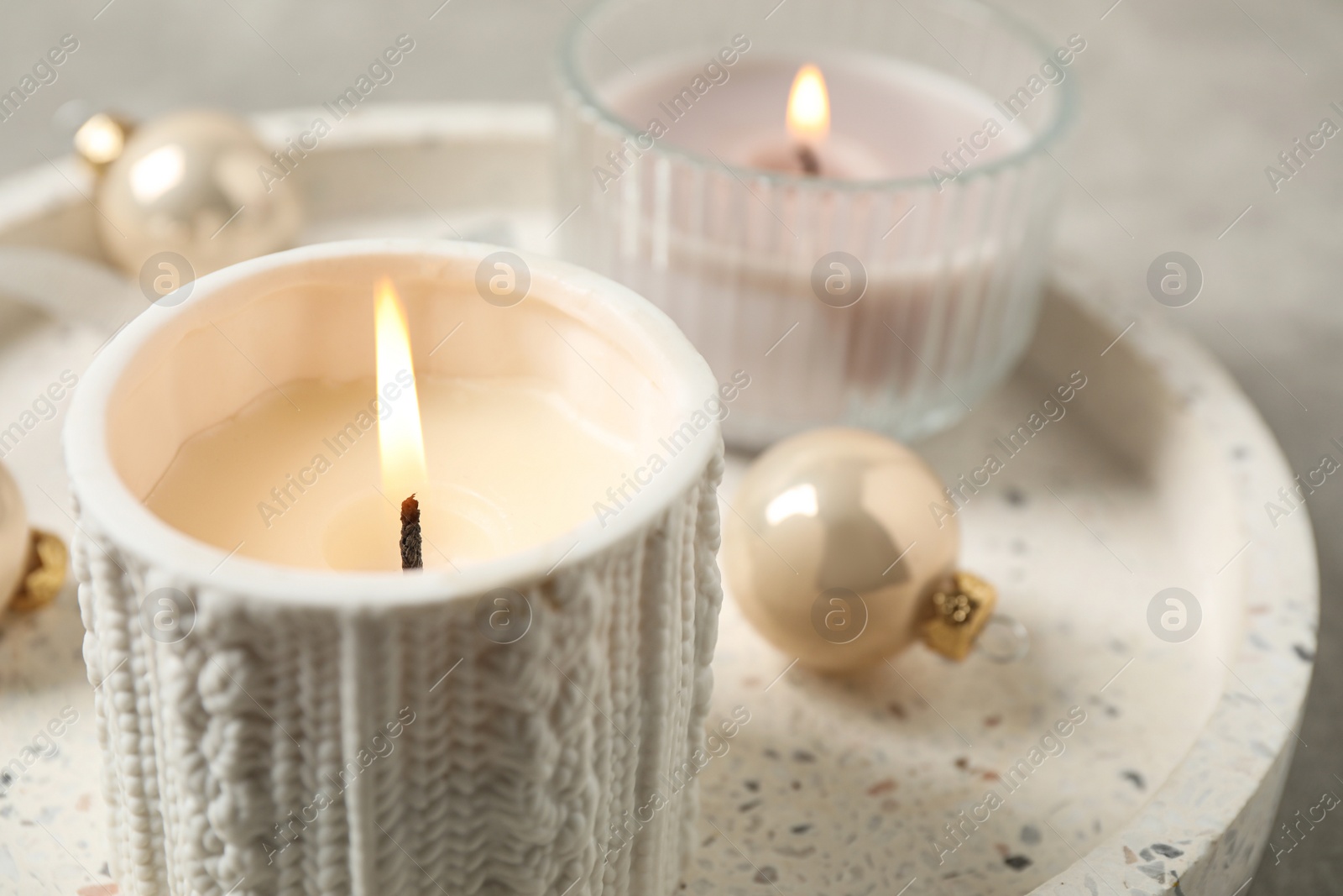 Photo of Tray with candles and Christmas decor, closeup