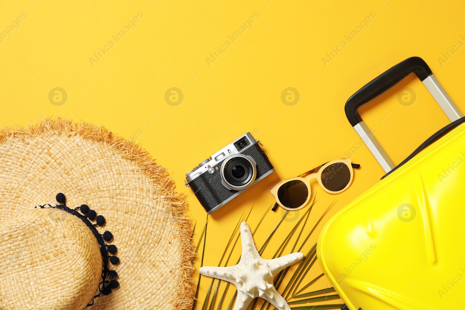 Photo of Flat lay composition with beach accessories on color background. Space for text