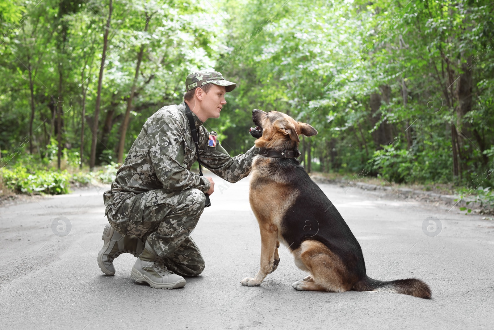 Photo of Man in military uniform with German shepherd dog, outdoors