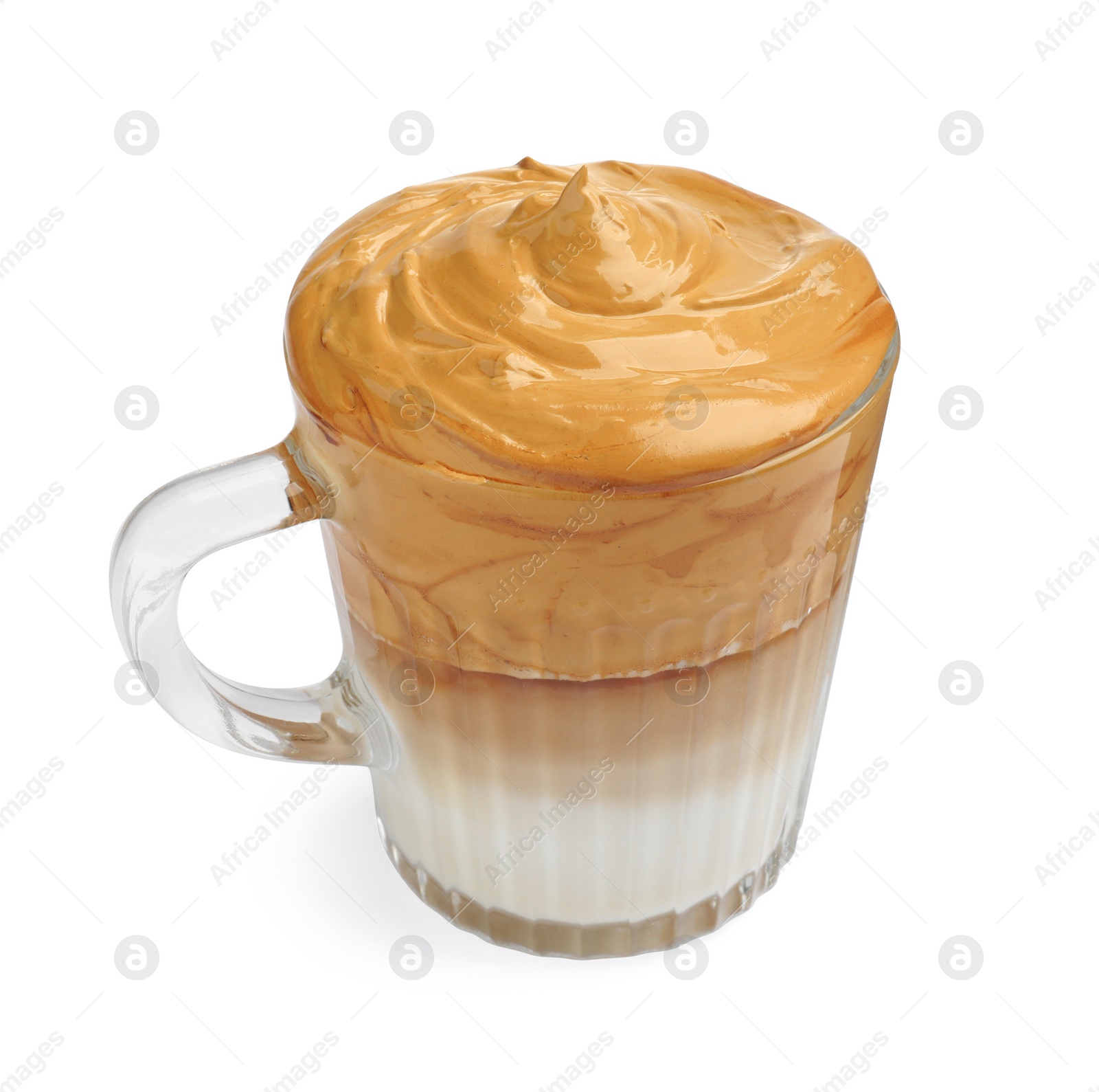 Photo of Glass mug of delicious dalgona coffee isolated on white