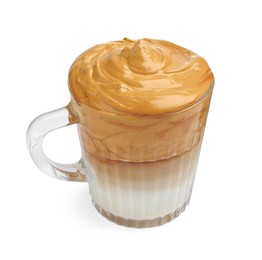 Glass mug of delicious dalgona coffee isolated on white