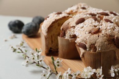 Photo of Pieces of delicious Italian Easter dove cake (traditional Colomba di Pasqua), branch with flowers and painted eggs on light grey table, closeup