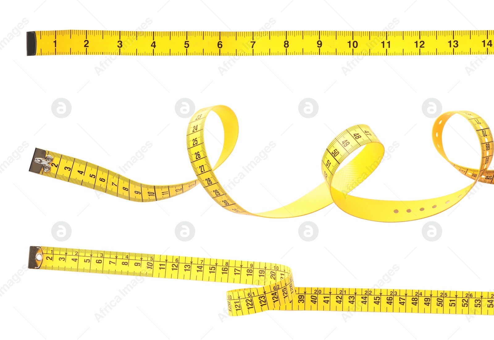 Image of Set of yellow measuring tapes on white background 