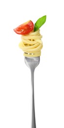 Photo of Fork with tasty pasta, piece of tomato and basil isolated on white