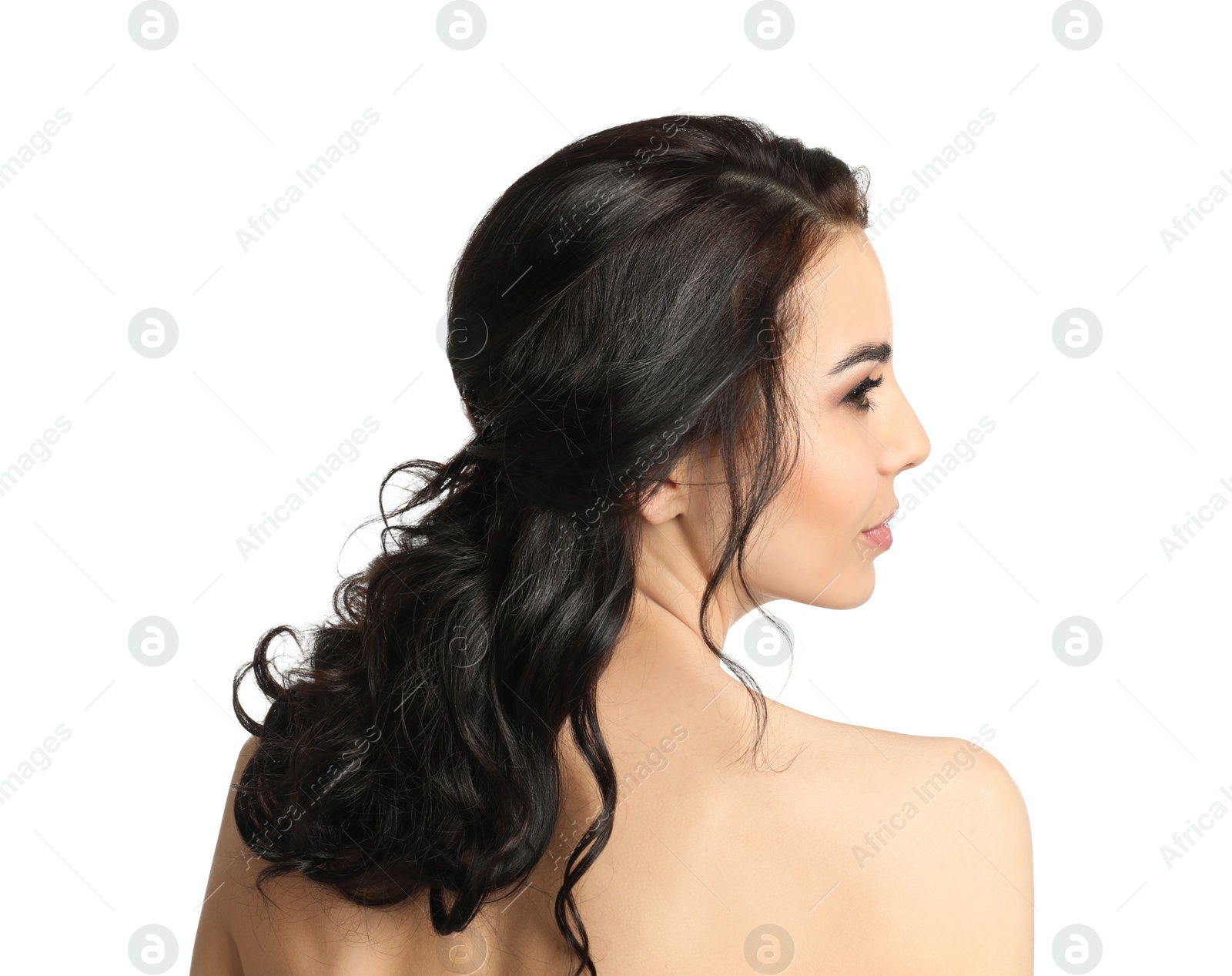 Photo of Beautiful woman with long hair on white background