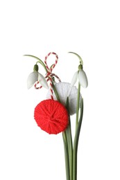 Photo of Beautiful snowdrops with traditional martisor on white background. Symbol of first spring day