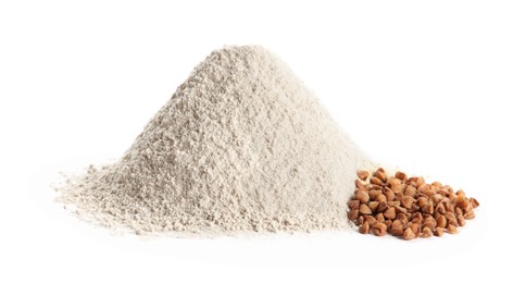 Photo of Pile of buckwheat flour isolated on white