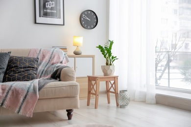 Stylish living room interior with comfortable sofa and table