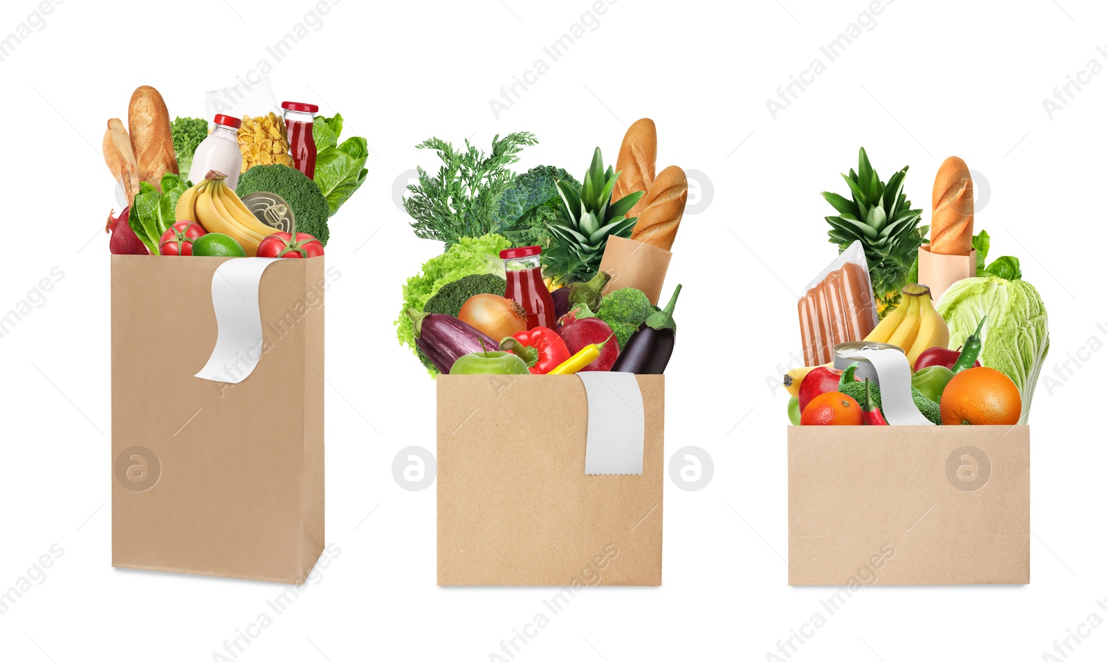 Image of Paper bags with different products and receipts isolated on white, collection