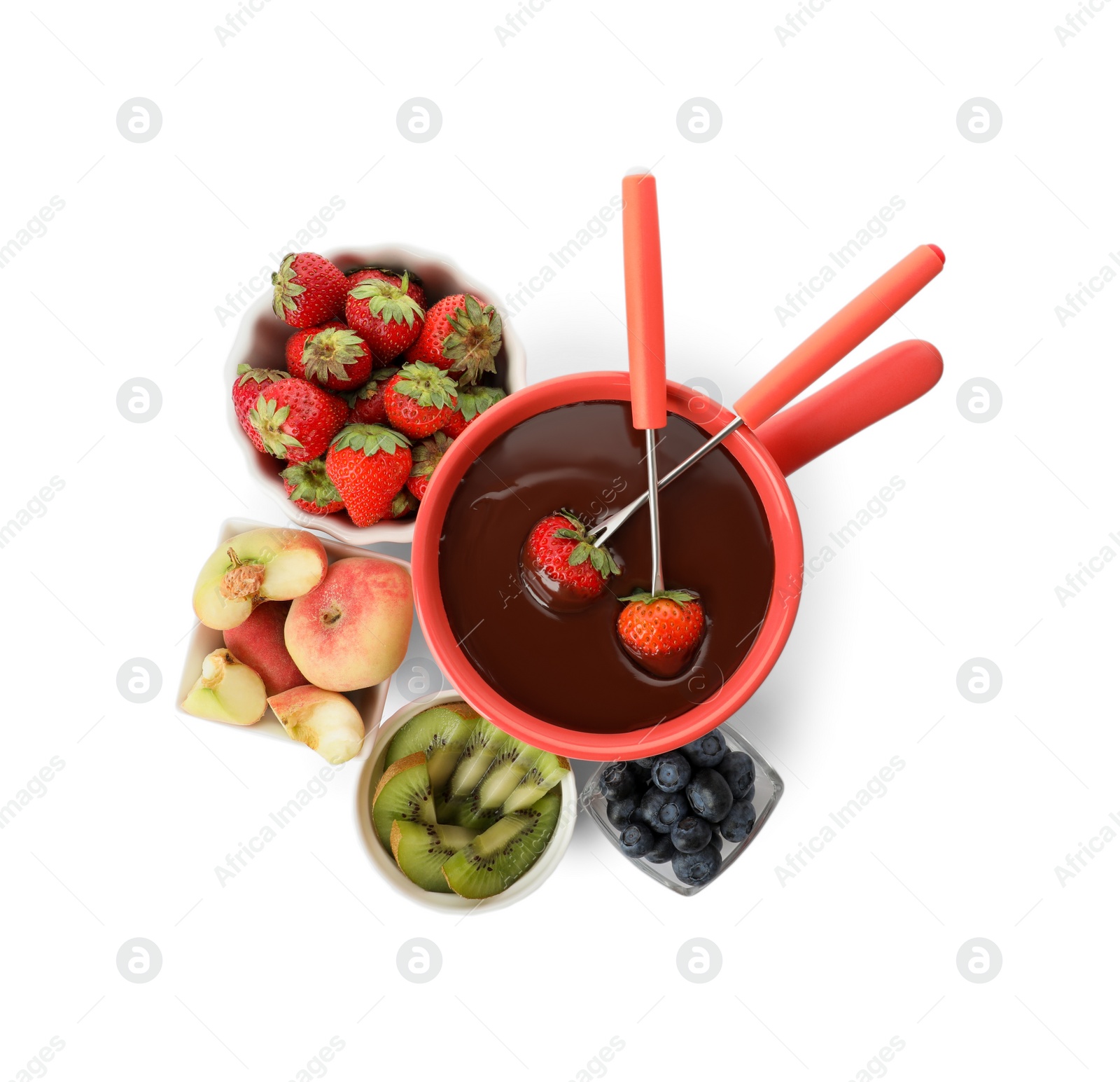 Photo of Fondue pot with chocolate and mix of fruits on white background, top view