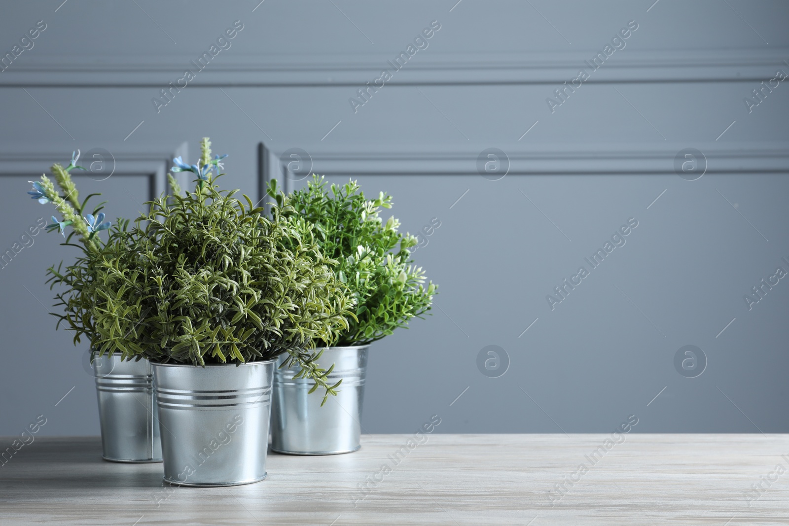 Photo of Different aromatic potted herbs on white wooden table, space for text