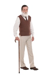 Senior man with walking cane on white background